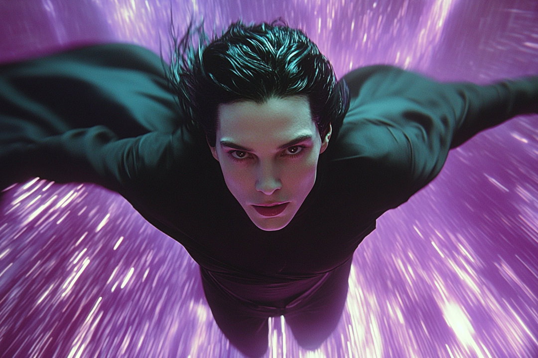 Hero in a black coat flying through digital space