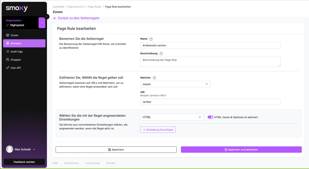 Screenshot smoxy: Regel für smartes Caching