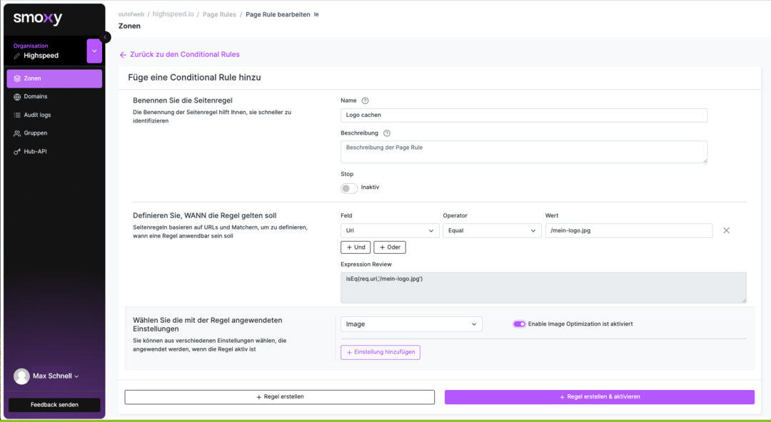 Screenshot smoxy: Regel für granulares Caching