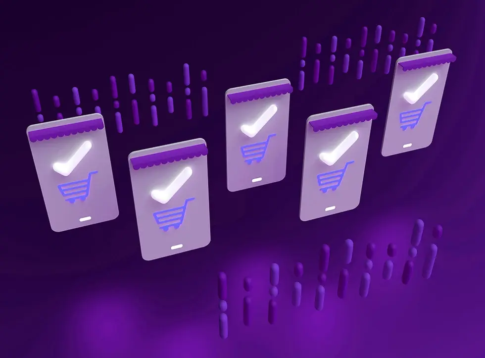 Four 3D smartphones, each with a checkmark on screen