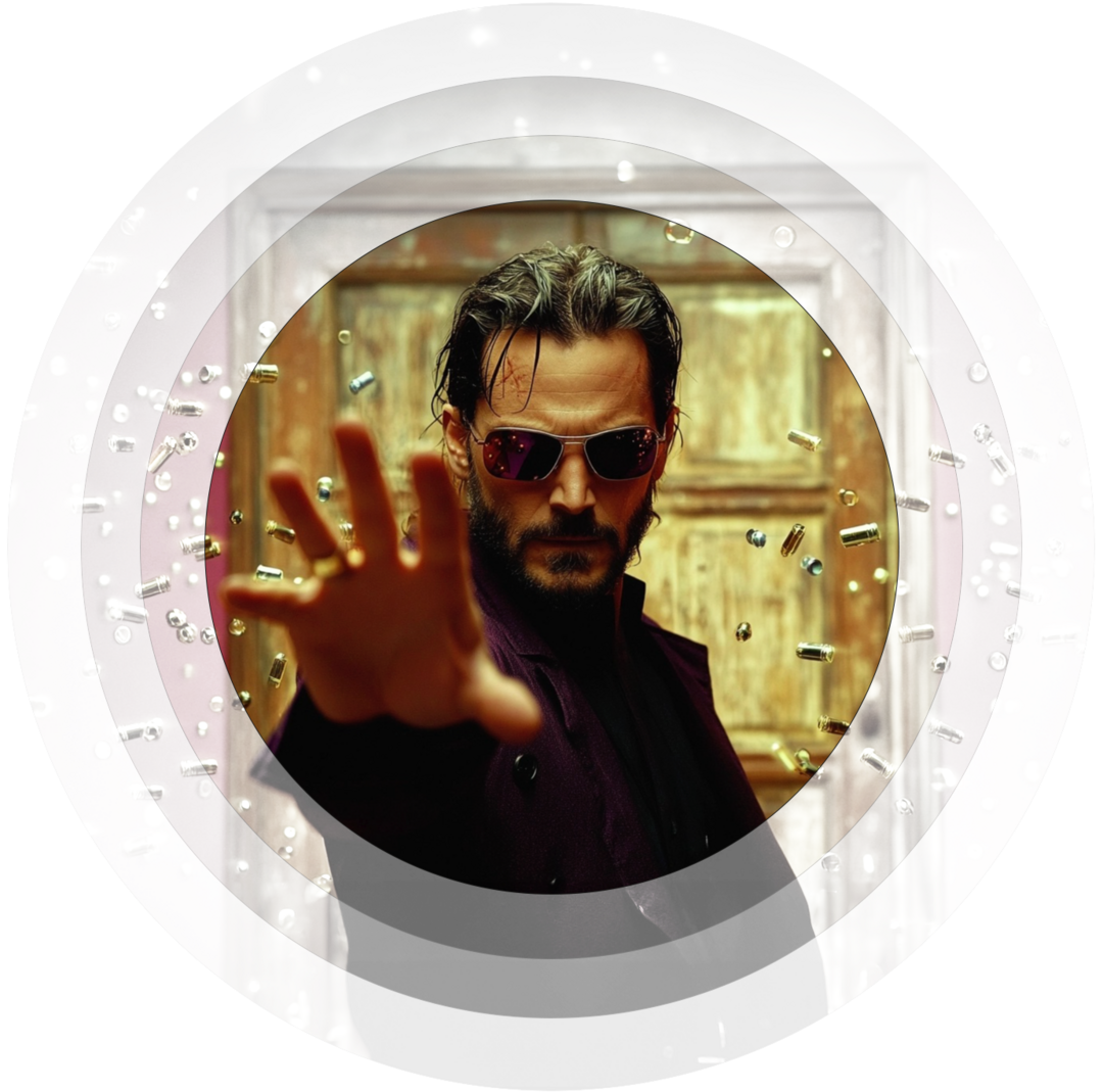 Cyber hero NEO stops a digital attack with a gesture