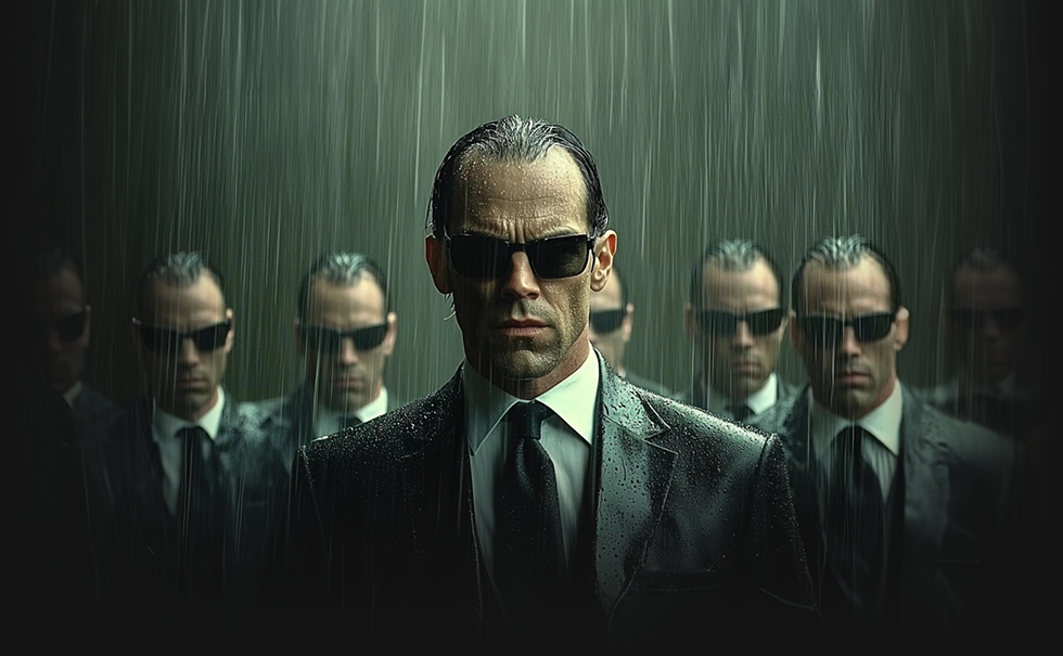 Ten agents in dark suits preparing for an attack
