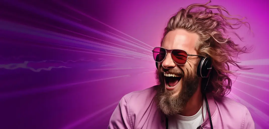 Hipser mit Sonnebrille vor pinkem High-Speed Hintergrund